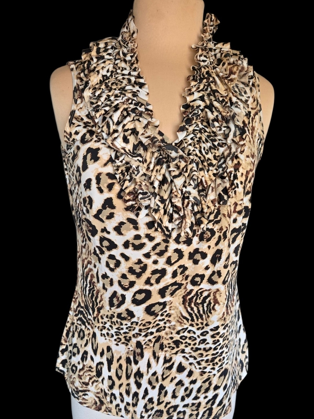 Essentials Leopard Print Ruffle V-Neck Sleeveless Blouse